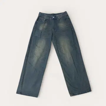 다크 블루 와이드 레그 데님 페이드 가공 빈티지 스타일