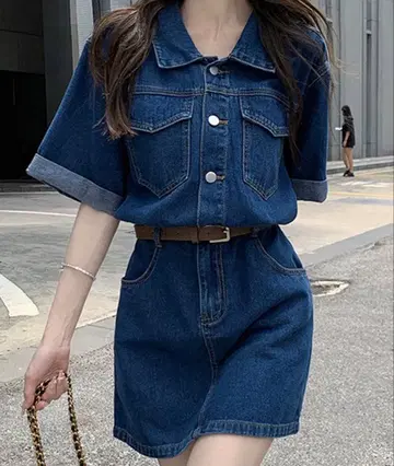 여성용 반팔 롤업 데님 미니 원피스