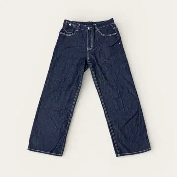 다크 네이비 와이드 레그 데님 팬츠 화이트 실 바느질