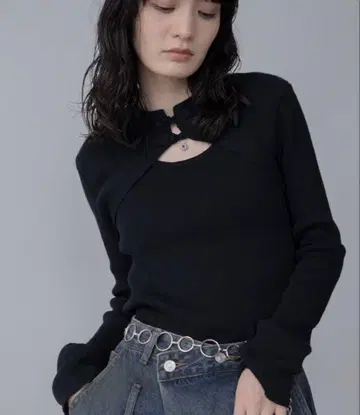 VCANCY 차이나 버튼 리브 니트 블랙