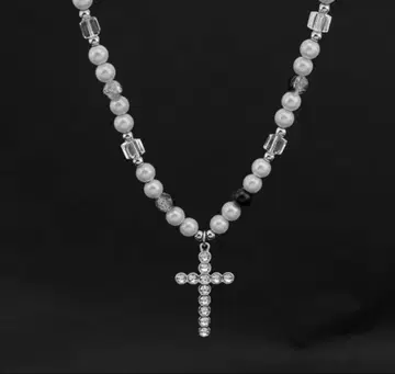 실버 펄 크로스 목걸이 CZ 십자가