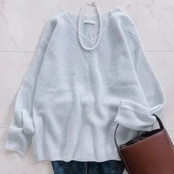 라운지 드레스 V넥 니트 캐시미어 100% 블루