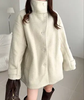 울 라이크 스탠드 2WAY 칼라 링 니트 미들 기장 코트