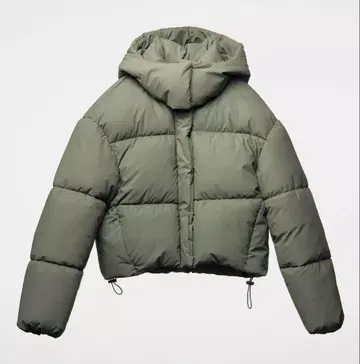 ZARA 카키 러버 피니쉬 퍼프 자켓 다운 자켓 숏 기장