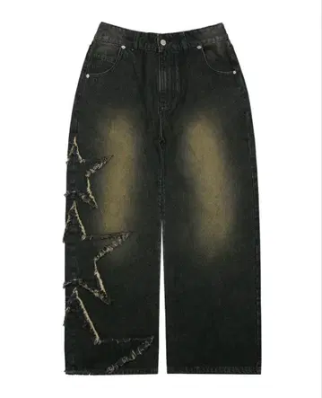 XTONZ 블랙 별 모양 데미지 와이드 데님 팬츠 빈티지 워싱