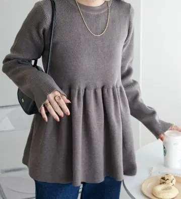 니트 스웨터 리브 절개 페플럼 풀오버 여성용