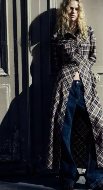 레어 택 포함 새상품 ZARA 체크 무늬 롱 셔츠 원피스