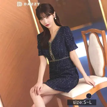 프론트 지퍼 스팽글 라메 트위드 반팔 타이트 미니 드레스