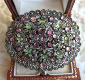 앤틱 골드 옅은 그린 핑크 플라워 브로치 빈티지