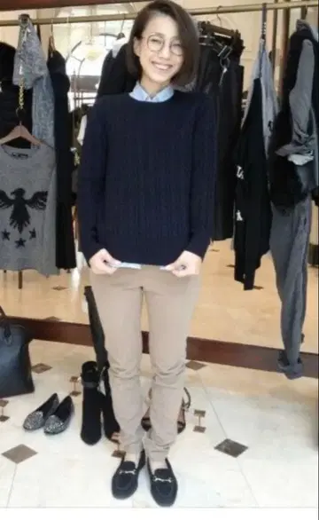 Deuxieme Classe 코튼 캐시미어 케이블 풀 니트 네이비