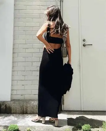 esutoreja*백 디자인 리브 드레스*니트 롱 원피스*블랙