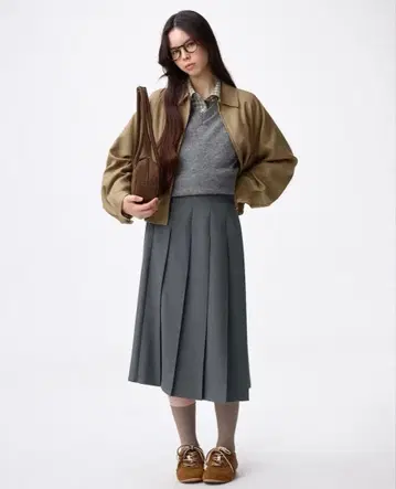 GU, 랩 플리츠 미디 스커트, 그레이