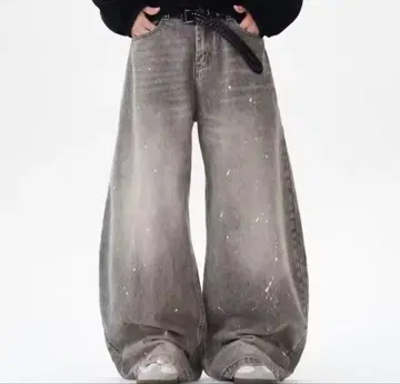 선착순 지하인풍 페인트 가공 그레이 와이드 레그 데님 팬츠