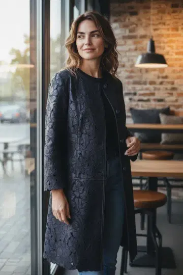 꽃무늬 자수 가죽 코트 여성용 L 사이즈 상당 양가죽