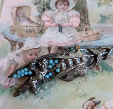 피터팬 완두콩 터콰이즈 카보숑 브로치 빈티지