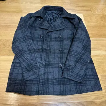 GU 남성용 그레이 계열 체크 무늬 피 코트 M