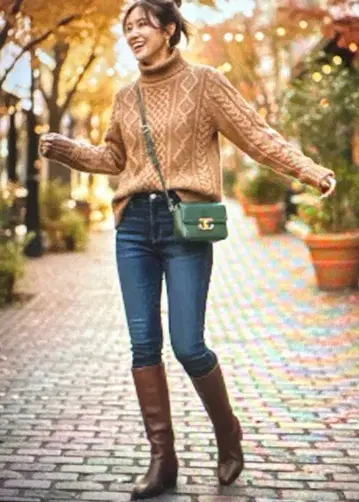 두지엠 클라세 알파카 혼방 케이블 짜임 터틀넥 니트 브라운