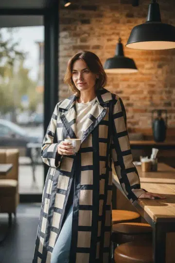 빈티지 여성용 체크 무늬 롱 코트 격자 무늬 더블 브레스트 코트