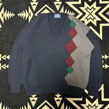 70s PENDLETON 아가일 무늬 니트 스웨터 V넥 USA제