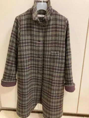 체크 무늬 코트 그린 x 퍼플