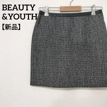 뷰티 앤 유스 트위드 미니 타이트 스커트 허리 인조 가죽 파이핑