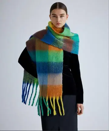 볼륨 프린지 블록 체크 머플러 / 볼륨 프린지 머플러