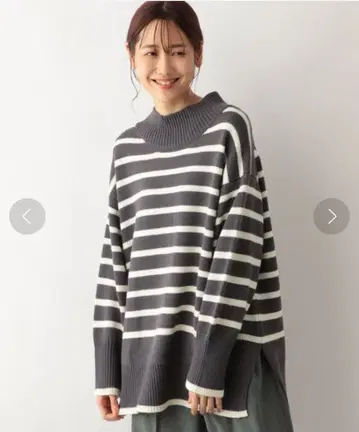 글로벌 워크 보풀이 잘 나지 않는 니트 튜닉 차콜 x 아이보리 보더