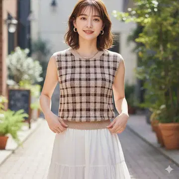 아푸와이저 리셰 체크 무늬 니트 베스트 2 핑크 베이지 썸머 니트