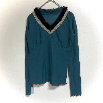 퍼 스웨터 그린 쇼와 레트로 V넥 울 혼방 한국제 디자이너 개성