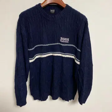 HUGO BOSS 휴고보스 네이비 자수 로고 리브 니트 L