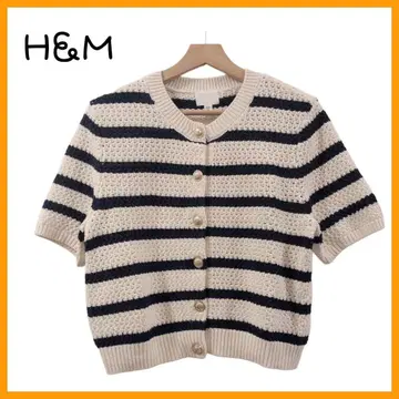 H&M 에이치앤엠 보더 니트 가디건 반팔 골드 버튼 M