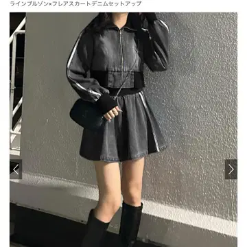 GRL 라인 블루종 x 플레어 스커트 데님 셋업[qu91]