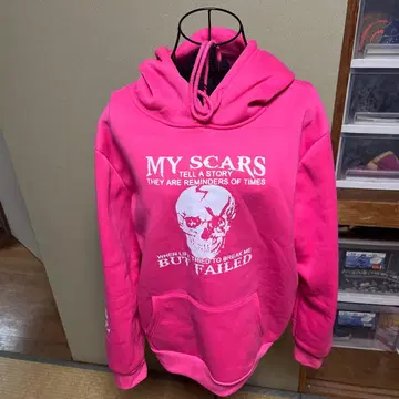 스컬 프린트 후드 부착 후드티 핑크