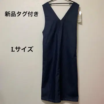 새상품 택 포함 데님 오버롤 스커트 네이비 V넥 롱 원피스