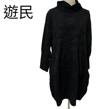 유민 블랙 로즈 패턴 긴팔 원피스 튜닉 하이넥 블랙 터틀넥