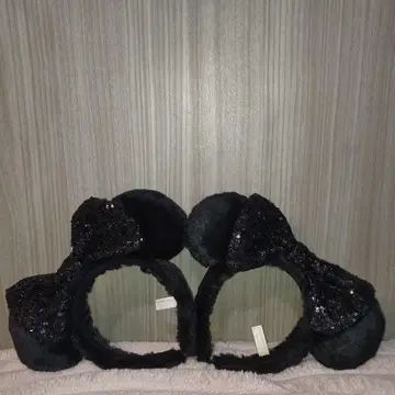 미니 리본 머리띠 스팽글 복슬복슬 블랙 디즈니 리조트