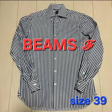 BEAMSF 네이비 x 화이트 런던 스트라이프 와이드 칼라 셔츠 39