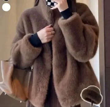 브라운 퍼 박스 실루엣 자켓 모자 포함