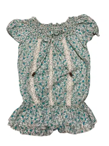 새상품급 터콰이즈 블루 꽃무늬 프릴 반팔 블라우스