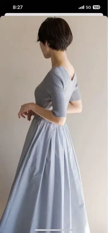 그레이 반팔 V넥 롱 원피스