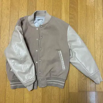 베이지 바시티 자켓 울 합성 피혁