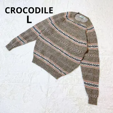 크로커다일 스웨터 니트 보더 울 혼방 페어아일 자수 로고 L