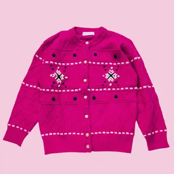 레트로 구제 의류 핑크 가디건 두툼한 입체 편직 귀여운 울 스웨터