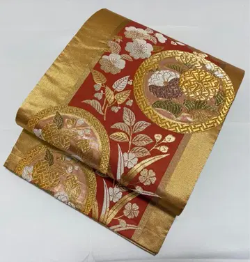 A 경금금 꽃무늬 금실 순수 실크 육통 후쿠로 오비 포멀 O52