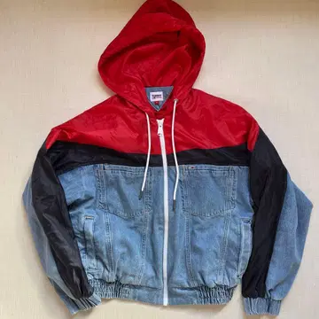 구제 TOMMY JEANS 후드 부착 자켓 M 빨간색/블랙/데님