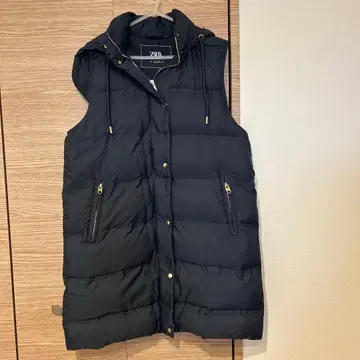 ZARA 후드 부착 충전솜 롱 베스트 네이비 M