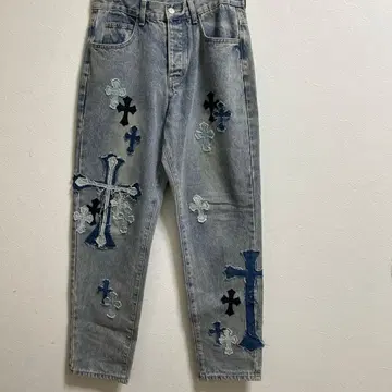 크로스 자수 디자인 데님 팬츠