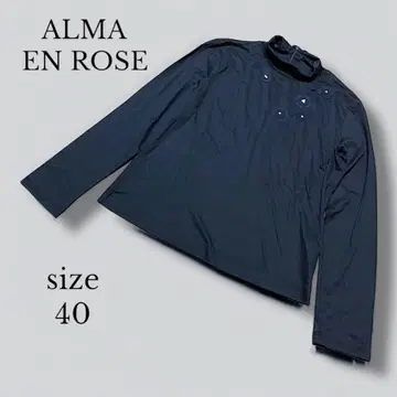 [ALMA EN ROSE] 꽃무늬 자수 하이넥 티셔츠 40 다크 네이비