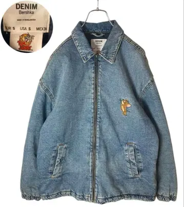 톰과 제리 자수 로고 x USED 가공 데님 블루종 충전솜 루즈한 사이즈