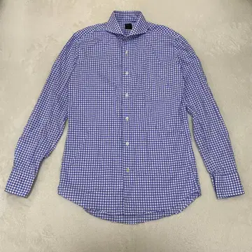 비지알 깅엄 체크 셔츠 코튼 100% 와이드 옷깃 블루